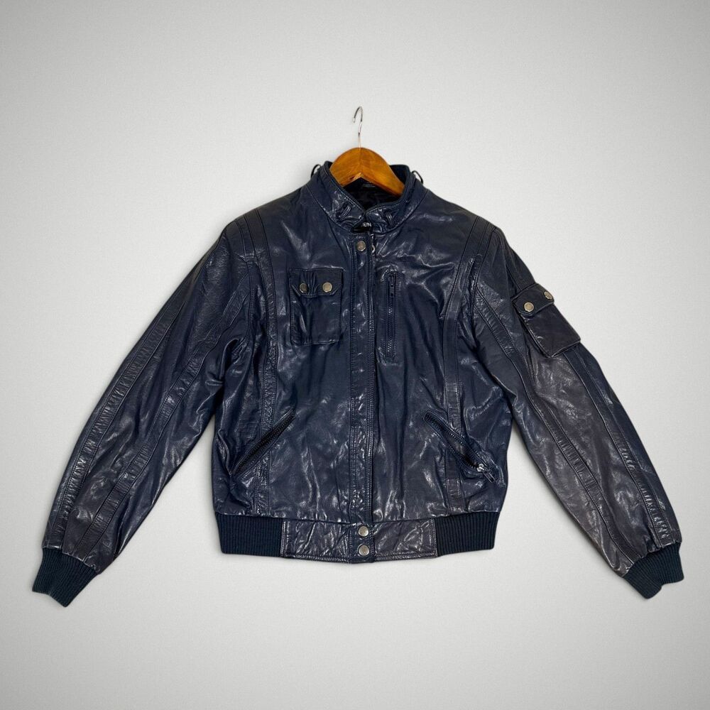 Vintage Steinmark Women's Blue Leather Jacket Motorcyle Café Racer 80's Size 14